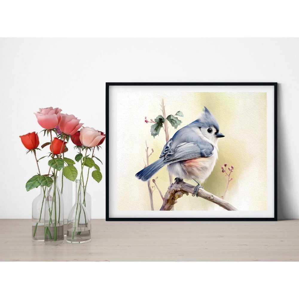 8x8 Or 8x10 Tufted Titmouse on a Limb Watercolor Oil Painting Print - Picture 2 of 4